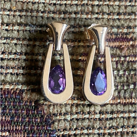 Beautiful Solid 14KG Teardrop Faceted  Amethyst Stone Dangle Earrings. Elegant! - Picture 3 of 8